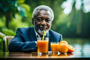 un más viejo hombre en un traje sentado a un mesa con naranjas y jugo. generado por ai foto