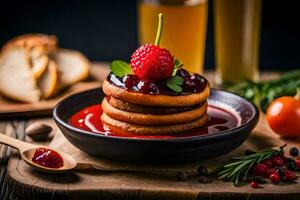 pancakes with berries and jam on a plate. AI-Generated photo