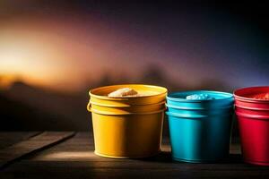 three buckets of different colors on a wooden table. AI-Generated photo