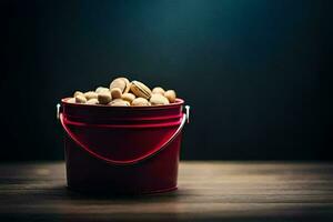 a red bucket filled with peanuts on a wooden table. AI-Generated photo