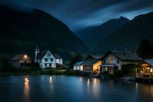 photo wallpaper the sky, mountains, lake, houses, the moon, the night, the moon. AI-Generated