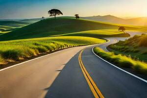 a winding road in the middle of a green field. AI-Generated photo