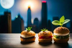 three mini burgers with green leaves on them in front of a cityscape. AI-Generated photo