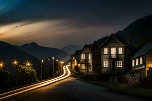 un largo exposición foto de un la carretera a noche. generado por ai