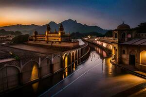 el puesta de sol terminado el río en udaipur, India. generado por ai foto