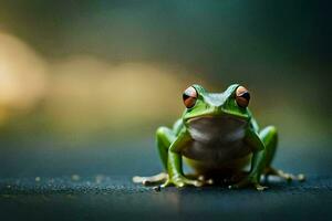 a frog is sitting on the ground with a blurry background. AI-Generated photo