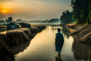 un hombre caminando a lo largo un río a amanecer. generado por ai foto