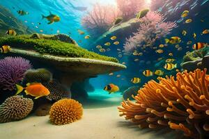 an underwater scene with many colorful fish. AI-Generated photo