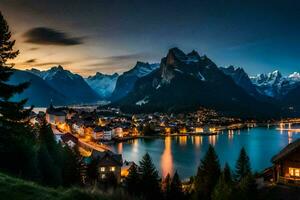 photo wallpaper mountains, the night, lake, switzerland, the alps, the alps. AI-Generated