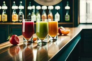 three glasses of juice sit on a bar. AI-Generated photo