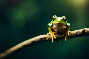 a frog sitting on a branch with a green background. AI-Generated photo