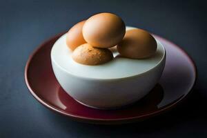 Tres huevos son metido en un plato en un bol. generado por ai foto