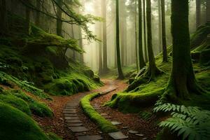 a path through a green forest with mossy trees. AI-Generated photo