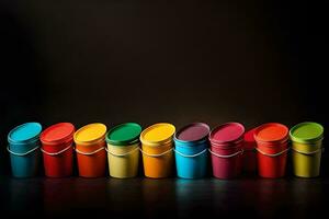 a row of colorful plastic buckets on a black background. AI-Generated photo