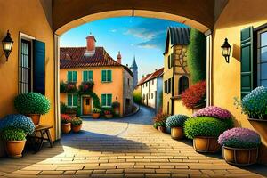 an artistic painting of a street with flowers and plants. AI-Generated photo