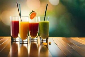 five different types of juices on a table. AI-Generated photo