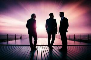 three business people standing on a dock at sunset. AI-Generated photo