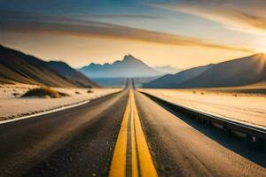the sun is shining on a road in the middle of a desert. AI-Generated photo