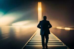 a man in a suit walks down a long bridge at night. AI-Generated photo