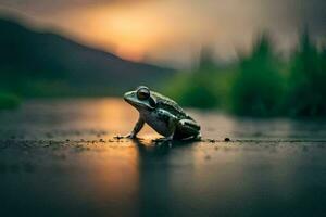 a frog sitting on the ground at sunset. AI-Generated photo