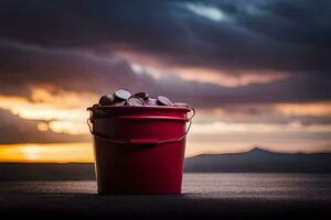 a red bucket with chocolate in it sitting on the ground. AI-Generated photo