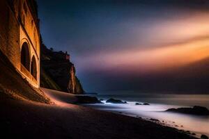 a long exposure photo of the ocean and a lighthouse at sunset. AI-Generated