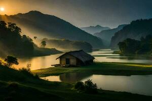the sun rises over a lake and a small hut in the middle of a valley. AI-Generated photo