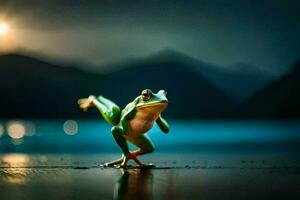 a frog is standing on its hind legs in front of a lake. AI-Generated photo