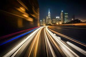 un largo exposición fotografía de un ciudad a noche. generado por ai foto