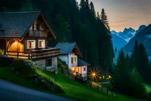 a house in the mountains at dusk. AI-Generated photo