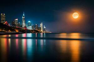 el Luna sube terminado el chicago horizonte a noche. generado por ai foto