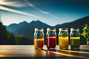 cuatro botellas de jugo en un mesa con montañas en el antecedentes. generado por ai foto