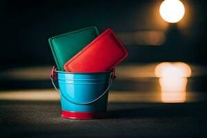a bucket with two red and blue cards in it. AI-Generated photo