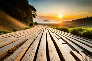 a wooden walkway with the sun setting behind it. AI-Generated photo