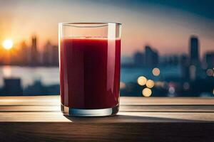 a glass of juice with a cityscape in the background. AI-Generated photo