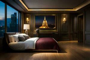 a bedroom with a large bed and a painting of a pagoda. AI-Generated photo