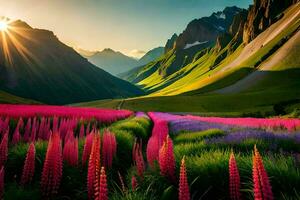 the sun shines on the mountains and the flowers in the field. AI-Generated photo