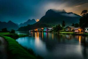 photo wallpaper the sky, mountains, river, house, vietnam, the moon, night. AI-Generated