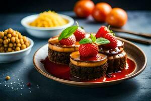 a plate of chocolate cake with strawberries and nuts. AI-Generated photo