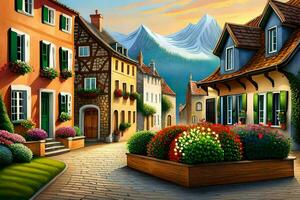 a painting of a street with flowers and houses. AI-Generated photo