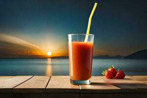a glass of juice with a straw on a wooden table. AI-Generated photo