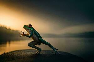 un rana en pie en un rock con sus espalda a el cámara. generado por ai foto