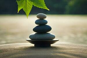 a stack of stones on a small bowl in front of a lake. AI-Generated photo