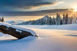 un nieve cubierto montaña con un Iniciar sesión en el medio. generado por ai foto