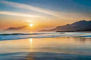 the sun rises over the ocean and mountains. AI-Generated photo