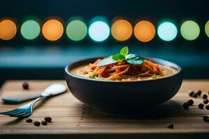 a bowl of pasta with a spoon and a bottle of wine. AI-Generated photo
