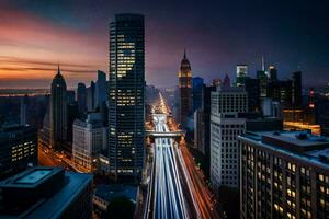 el ciudad a noche con tráfico luces. generado por ai foto