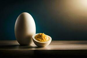 an egg and a half shell on a table. AI-Generated photo