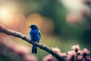 un azul pájaro es encaramado en un rama con rosado flores generado por ai foto