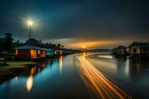 a long exposure photograph of a river at sunset. AI-Generated photo